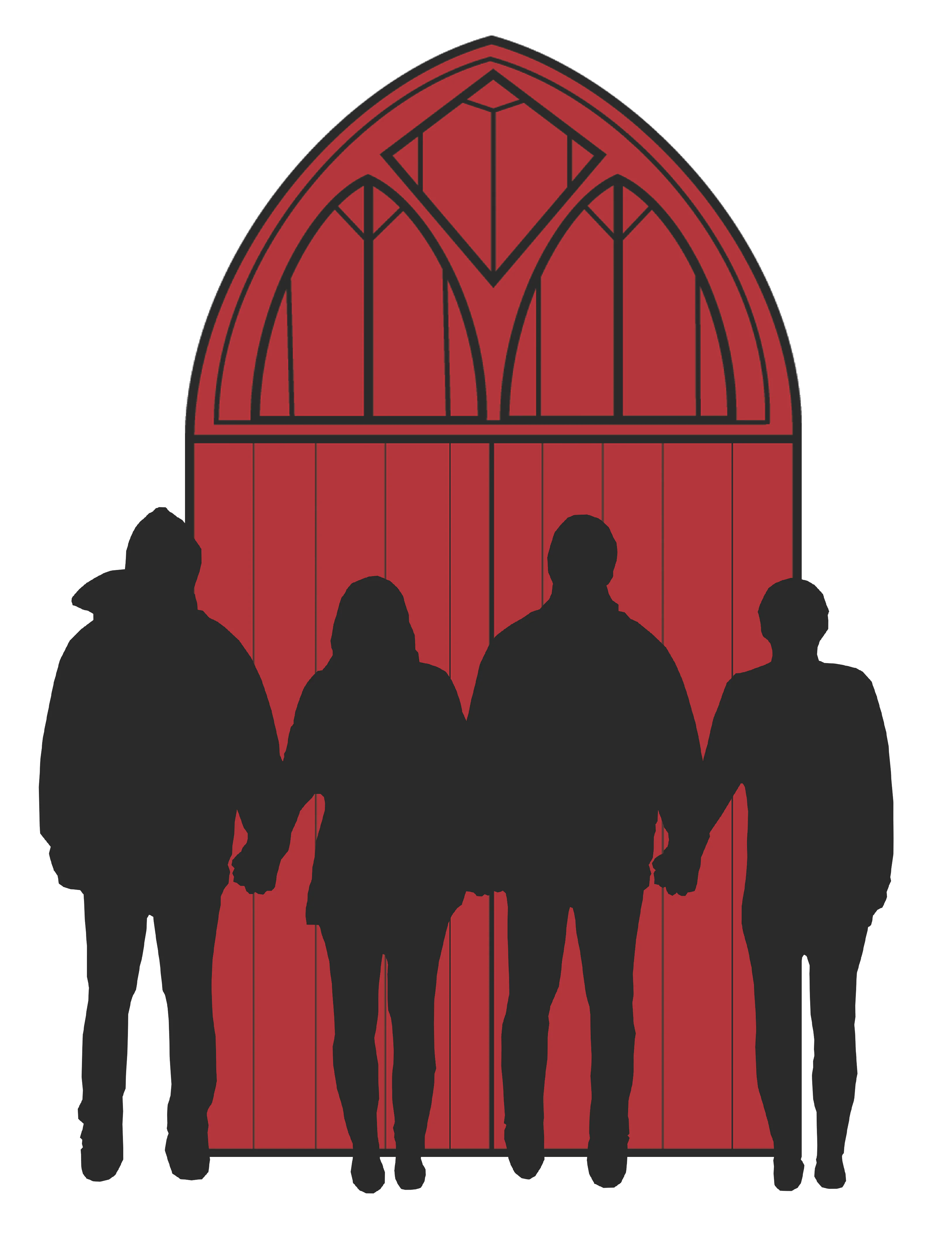 The Red Door Ministry Logo - a closed red door behind four diverse human silhouettes walking outward, ready to help others.