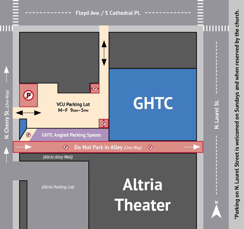 A digital map of the Grace & Holy Trinity Church campus and its available parking areas.